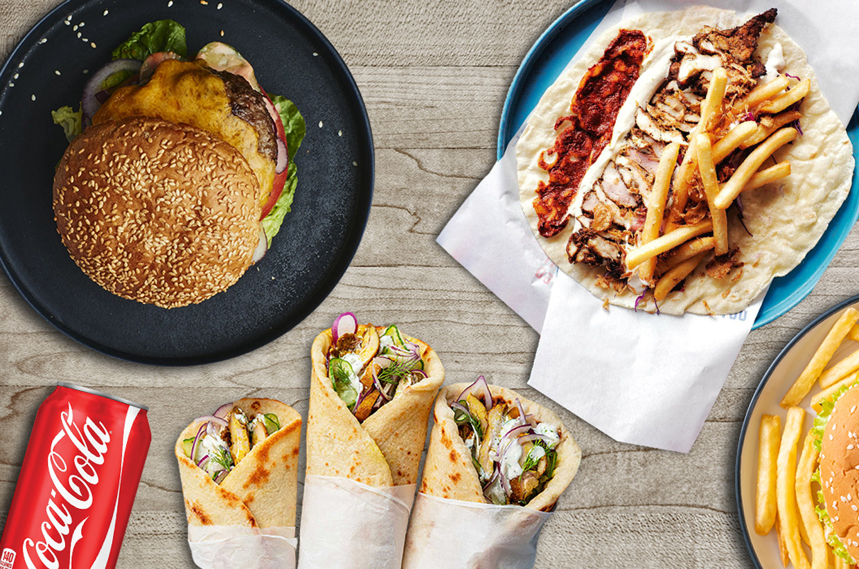  Hajar Shawarma in Glasgow Shawarmas with Burger and a can of Coca-Cola